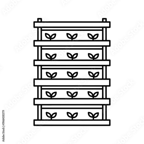 Simple black outline icon of a vertical farming system, featuring multiple stacked layers of plants, representing modern agriculture, sustainable food production, and urban gardening.