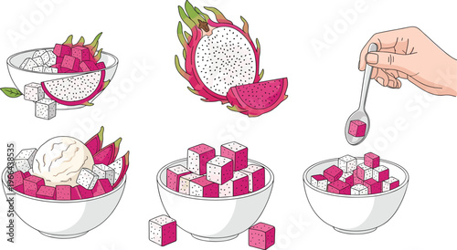 Dragon Fruit Dessert Vector Collection with Diced Pitaya, Whole and Sliced Fruit, Ice Cream, and Hand Spoon, Healthy Exotic Fruit Bowls Isolated
