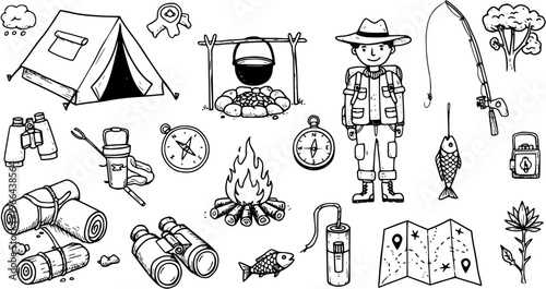 Camping and Outdoor Adventure Icon Set - Black and White Line Art