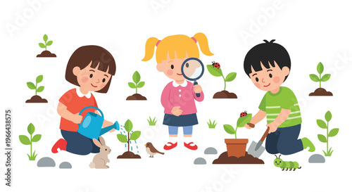 Three children are happily gardening and exploring nature, watering plants, using a magnifying glass to see insects, and planting new seedlings.