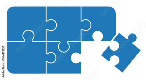 Blue jigsaw puzzle pieces with one piece missing representing completion