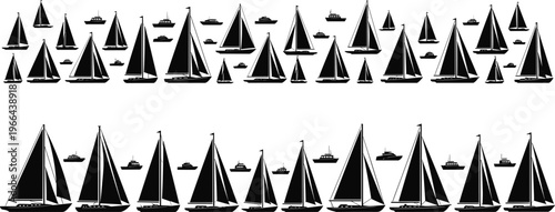 Black silhouette set of sailboats and yachts for nautical design, sea regatta, summer travel, ocean transportation, and maritime leisure concept.