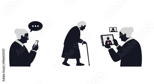 Elderly Lifestyle Silhouette – Senior Activity Vector Illustration