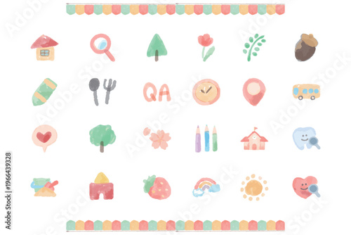 水彩のぬくもりシリーズ 幼稚園・保育園向け 厳選水彩アイコン24個セット パステルカラー 手描き風