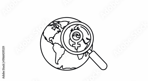 Line drawing of a magnifying glass over a globe highlighting a gender equality symbol on a clean white background.