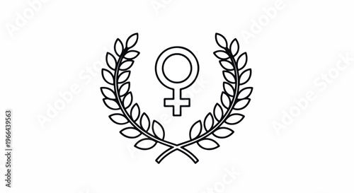 A minimalist line drawing of a female symbol surrounded by a laurel wreath on a white background.