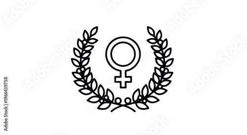 Line drawing of a female symbol surrounded by a laurel wreath on a white background.
