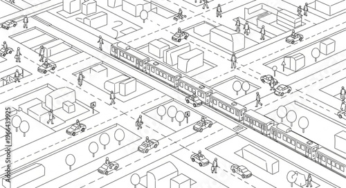 Aerial Sketch of a City with Elevated Train Tracks and Buildings.