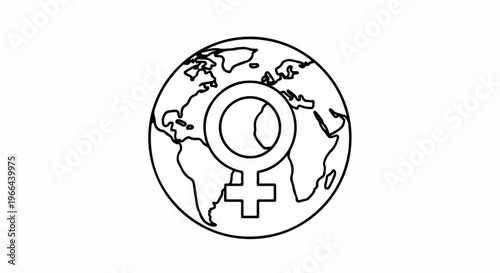 A minimalist line drawing of a globe with a female symbol overlaid on it, set against a clean white background.