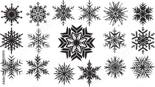 Collection of unique black snowflakes on white background illustration