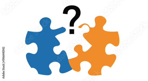Two puzzle pieces blue and orange nearly connected with a question mark