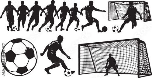Silhouette of soccer players in action with ball and goal