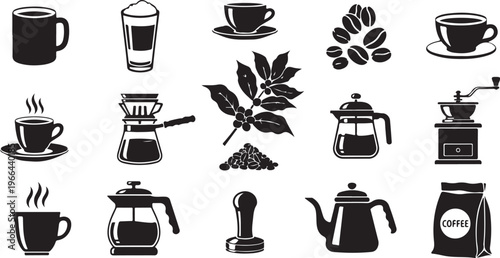Coffee and Tea Icon Set with Various Brewing Methods Shown