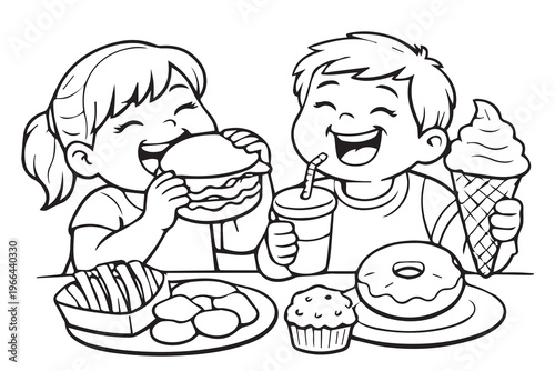 A cute hand drawn vector showing a young boy and girl enjoying burgers, fries, donuts, ice cream, and cupcakes, creating a cheerful and lively food themed illustration.
