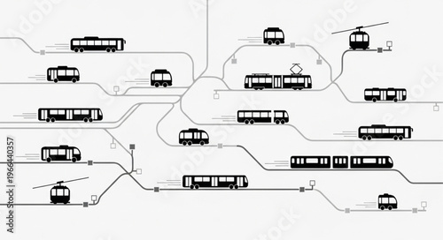Abstract illustration of a complex public transportation network with various vehicles.