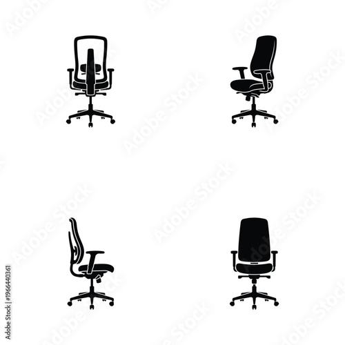 Four black office chair silhouettes on white background
