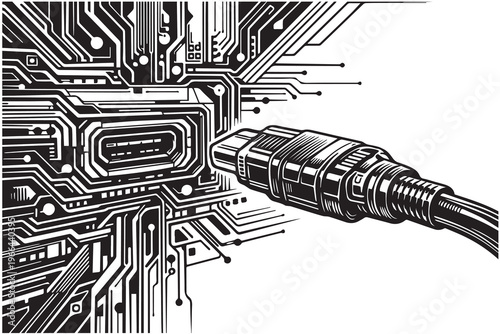 A modern futuristic vector of a USB port and cable about to plug in, symbolizing connectivity, technology, and innovation with a sleek and minimal visual approach.