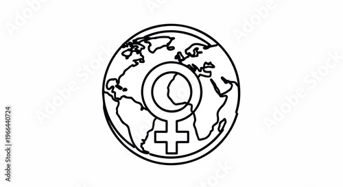 Black line drawing of a globe with a female and male symbol superimposed on it against a white background.