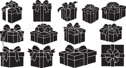 Black and white gift boxes with ribbons and bows illustration
