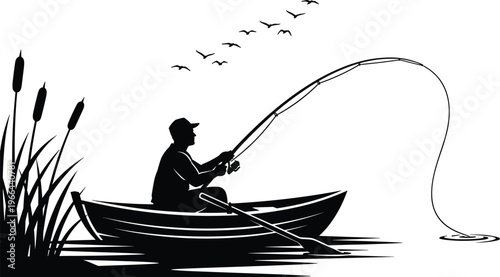 Black Silhouette of a Fisherman in a Boat Fishing on a Calm Lake with Birds Flying and Reeds Background Illustration