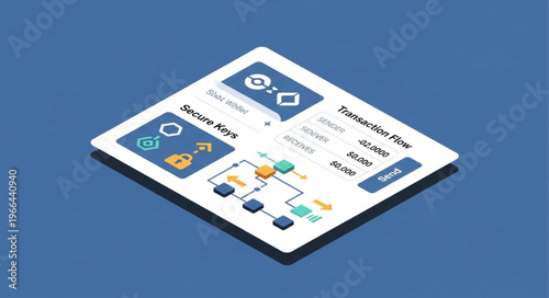 Isometric Blockchain Technology Diagram Illustration on White Surface.