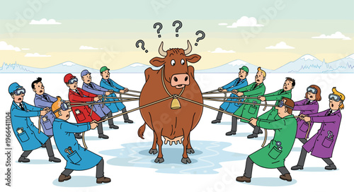 Funny Cartoon Illustration of People in Lab Coats Pulling Ropes Tied to a Confused Cow in a Tug of War