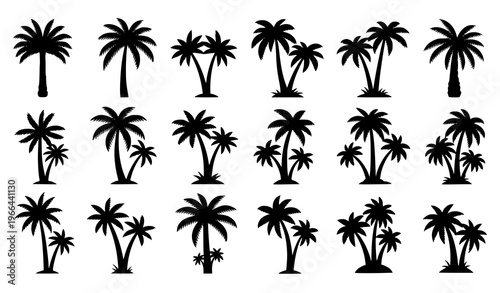 Palm Tree Silhouette Set Featuring Multiple Tropical Coconut Tree Variations for Beach, Summer, Island, Vacation, and Exotic Nature Landscape Design Elements