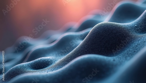 Abstract Blue Waves with Glittering Particles and Warm Orange Light Backdrop