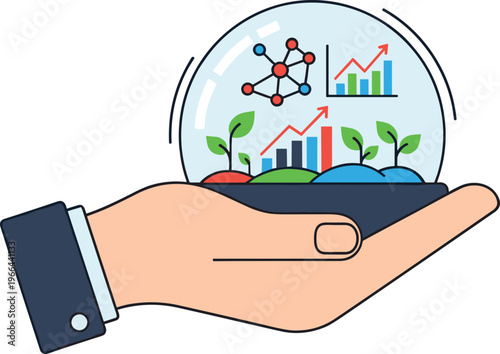 Hand Holding Glass Dome Protecting Growing Plants with Financial Bar Charts and Data Analysis Graphs Representing Sustainable Business Growth and Investment