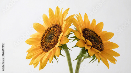 Two blooming sunflowers leaning towards each other  