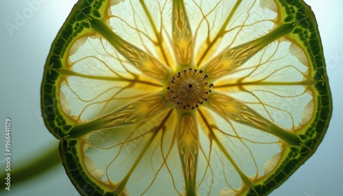Close Up Macro View of Translucent Citrus Slice with Radial Veins and Bubbles Against a Soft Blue Background