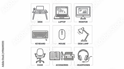 Minimalist line art icon collection of diverse office workspace essentials, featuring electronics, furniture, and stationery items