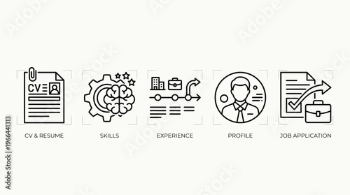 Professional career development and job application process line icons set