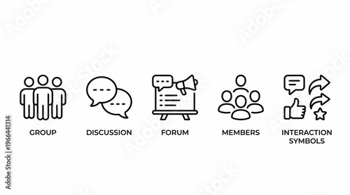 Icons representing group discussion, forum, members, and social interaction