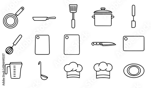 Kitchen and Cooking Line Icon Set Featuring Frying Pan, Knife, Spatula, Pot, Cutting Board, Measuring Cup, Ladle, Chef Hat, and Plate for Culinary Design