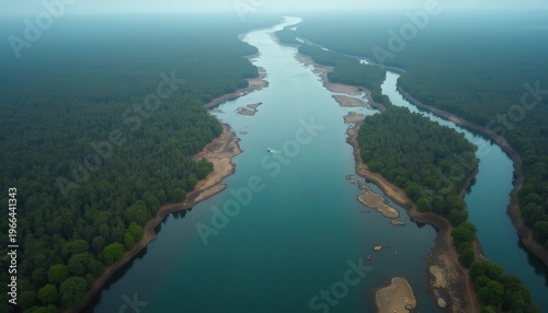 Aerial View of a Wide Turquoise River Winding Through Lush Green Dense Rainforest with Rocky Outcrops and a Small Boat
