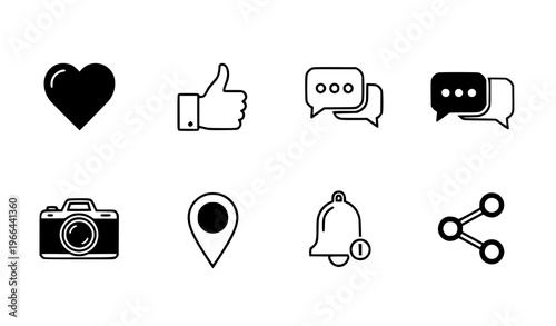 Social Media and User Interface Icon Set Featuring Heart, Like, Chat Bubbles, Camera, Location Pin, Notification Bell, and Share Symbols for Mobile App Design
