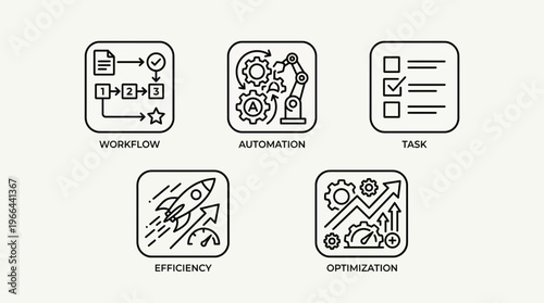 Collection of line icons representing key business concepts workflow, automation, task, efficiency, and optimization