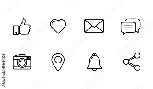 Social Media and User Interface Line Icon Set Featuring Like, Heart, Message, Camera, Location, Notification Bell, and Share Symbols for Mobile App and Web Design