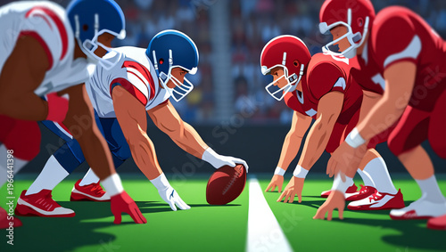 Intense moment during an american football game between opposing teams