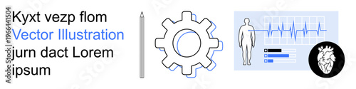 Healthcare, biomedical engineering, technological innovation, heart health, diagnostics, science education. A person, heart icon gear symbol and ECG display. Healthcare and biomedical engineering