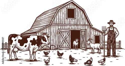 Vintage Hand Drawn Farm Illustration Featuring a Barn Dairy Cow Farmer with Pitchfork Goats and Chickens in a Woodcut Engraving Style