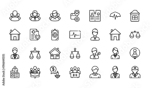 Business, Finance and Community Line Icon Set Featuring People, Banking, Investment, Insurance, Legal Balance, and Social Service Symbols for Web and App Design