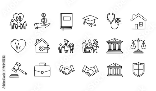 Healthcare, Education, Law and Community Line Icon Set Featuring Medical, School, Family, Justice, Finance, and Public Service Symbols for Modern UI and Web Design