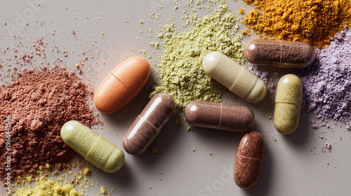 Nutritional Supplements: A vibrant assortment of supplements, in the form of capsules and powders, showcasing a spectrum of colors and textures, representing the essence of health and wellness.