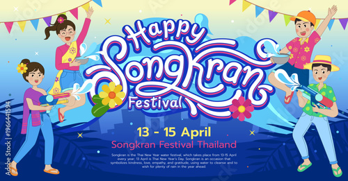 A fun celebration of the Songkran Festival in Thailand with water splashing.
