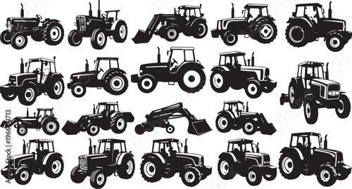 Collection of various tractor silhouettes in black and white