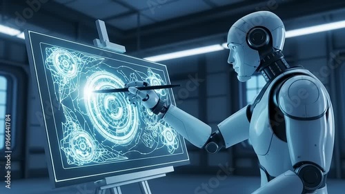 Robot artist creates digital art on futuristic screen with stylus.