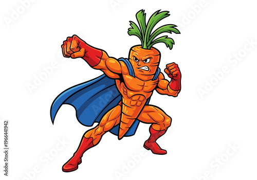 Energetic carrot superhero punches forward with confidence on white background