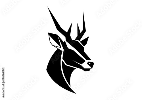 Modern vector illustration of stylized geometric antelope head in black silhouette on white background